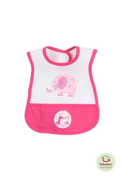 Düdüklü Cepli Sıvama Mama Önlüğü - Mutlu Fil Pembe Bebek Önlüğü Koyu Pembe