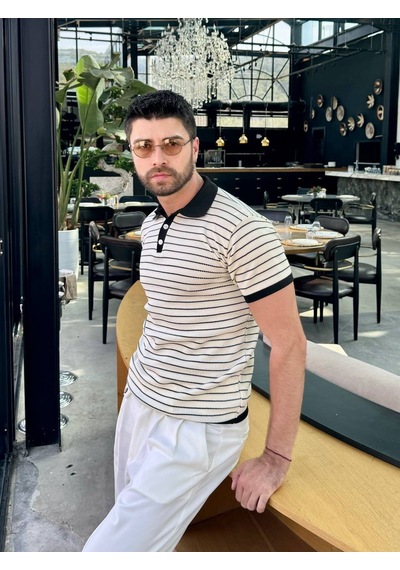 Erkek Polo Yaka Tişört Siyah Yakalı Beyaz Bej - Siyah