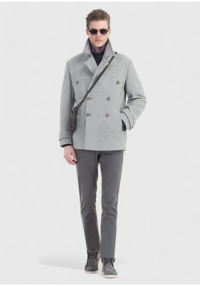 Ramsey Gri Slim Fit Kruvaze Yaka Örme Palto