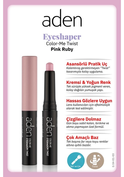 Aden Eyeshadow Twist - Asansörlü Göz Farı 03 Pink Ruby Pembe Yakut 0