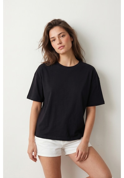 Elemge Pamuk Süprem Tok Kumaş Kadın Boxy Fit Siyah T-shirt Bol Kesim Düşük Omuzlu Bisiklet Yaka Oversize Tişört