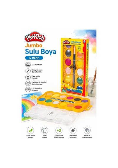 8 Renk Jumbo Sulu Boya 1 Paket Play-doh 8 Li Suluboya Fırça Hediyeli Canlı Renkler Kaliteli Yıkanabilir Zararsız Büyük Çok Renkli