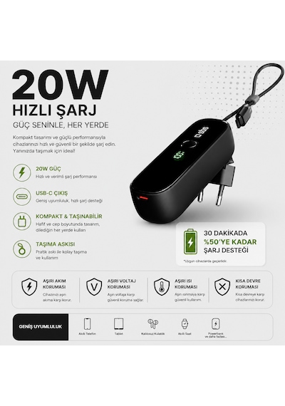 Sbs Hybrid 5000 Mah Powerbank Dahili Eu Fişli Şarj Cihazı Usb-c Pd 20w Dahili Usb-c Kablo Lcd Ekran 3'ü 1 Arada