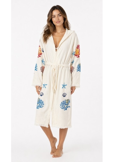 Kadın Müslin Plaj Kimonosu Kapüşonlu %100 Pamuk Baskılı Yazlık Kimono Bornoz Krem
