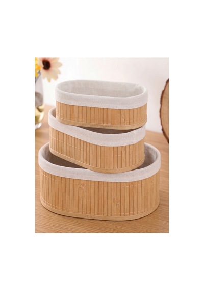 Oval 3 Lü Set İçi Kumaşlı Oval Bambu Düzenleyici Sepet Çok Amaçlı Organizer-oval Bej Bej