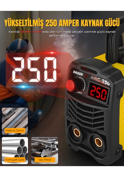 Dager MMA250 250 Amper Inverter Mini Çanta Kaynak Makinesi Seti | IGBT | Dijital Ekran | Elektrod + Maske + Eldiven