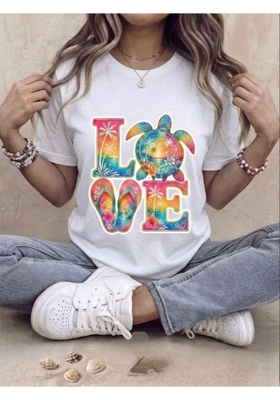 Tropikal Sahil Temalı Love Baskılı Kompak T-shirt Beyaz