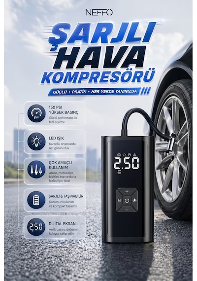 150 Psı Şarjlı Hava Kompresörü 4500mah Lcd Ekranlı Taşınabilir Lastik Şişirme Pompası 0 - 150 Psı 0 - 10 Bar