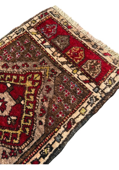 El Dokuma Küçük Kars Halısı 48x90 Kahve Kırmızı Kök Boya Yastık Halı Kahverengi