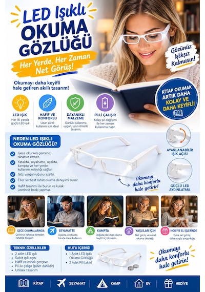 Led Işıklı Camsız Kitap Okuma Gözlüğü Pratik Kitap Lambası, Gece Okuma Işığı, Okuma Gözlüğü Beyaz