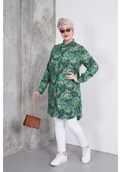 Polologin Butik Zümrüt Yeşil Bitki Desenli Gömlek Tunik Zümrüt Yeşili
