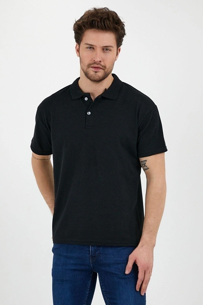 Veaven 3'lü Siyah %100 Pamuk Slim Fit Polo Yaka T-shirt Paketi Siyah