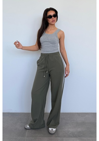 Madmext Haki Şerit Detaylı Bol Paça Kadın Pantolon Mg2441 Haki