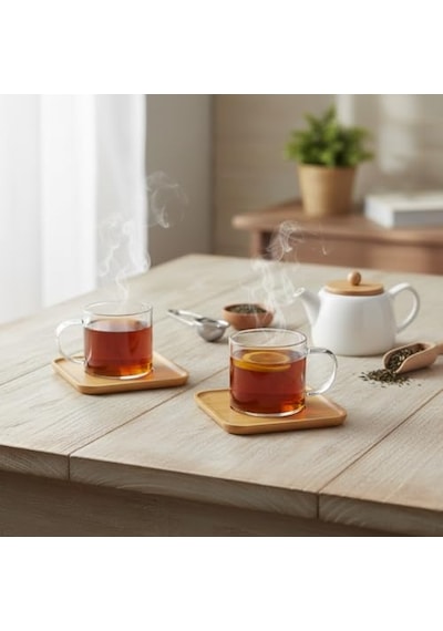 Tr Bambu Tabaklı 2'li Cam Fincan Seti 150 Ml - Yuvarlak/kare Seçenekli Borosilikat Bitki Çayı Ve Double Kahve Fincan Diğer