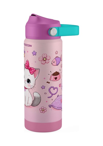 Puccon 540 Ml Sevimli Kedi Baskılı Mor - Beyaz Kız Çocuk Pipetli Çelik Termos Matara/suluk - 60044