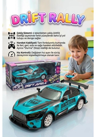Uzaktan Kumandalı Işıklı 7 Fonksiyonlu 1:14 4 Çeker 10 Km/s Hızlı 4 Yedek Lastikli Oyuncak Drift Arabası Turkuaz