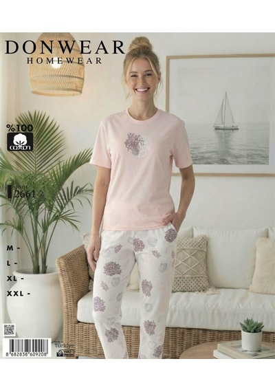 Donwear Kadın %100 Pamuk Kısa Kollu Pijama Takımı Pembe