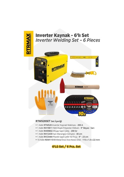Rtm520set Inverter Kaynak Makinası - 6'lı Set -eldiven-çekiç-gönye-tel Fırça-kesici Disk