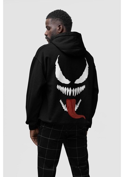Sevbano Venom Karakter Baskılı Unisex Oversize Film Hoodie Siyah