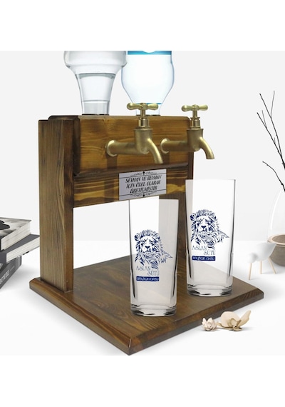 Kişiye Özel Renkli Baskılı Aslan Sütü Tasarımlı İkili Rakı Bardağı Ve Çift Musluklu Doğal Ahşap Rakı Standı-1