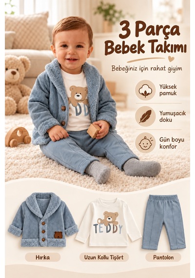 Ahengim Erkek Bebek 3 Parça Takım Ayıcık Baskılı Tişört Hırka Ve Pantolon Seti Ak8536 Bebe Mavi