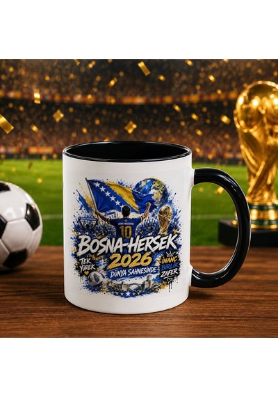Bk Gift Bosna-hersek Taraftar Temalı Dünya Futbol Kupası Tasarımlı Siyah Kupa Bardak-1 Beyaz
