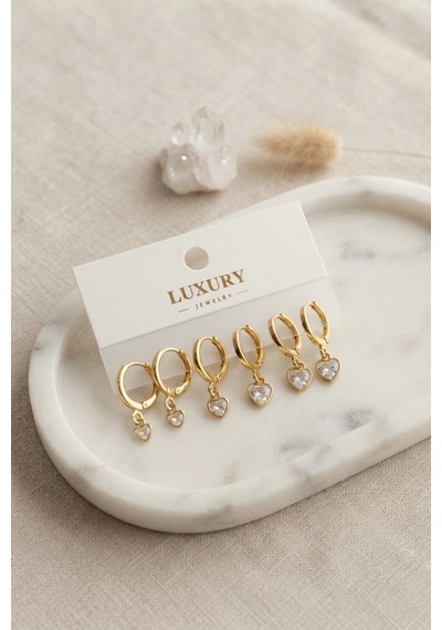 Kalp Zirkon Taşlı Gold Renk Pirinç Set Küpe Çok Renkli