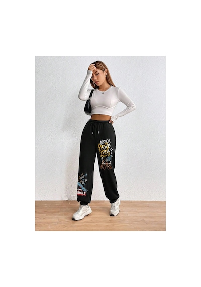 Tarzsokak Cartoon & Graphic Drawstring Waist 4 Mevsim Eşofman Siyah