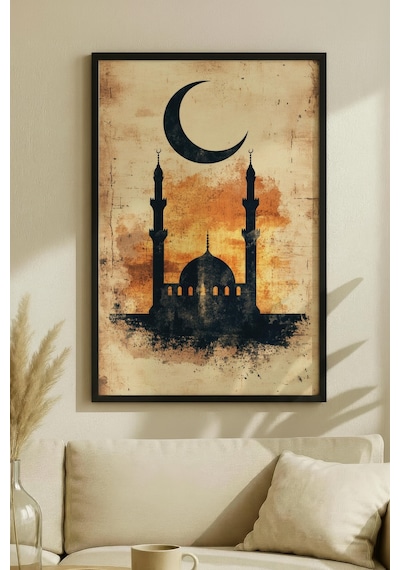 1 Adet Doğal Ahşap Çerçeveli Soyut Siyah Daire Vintage Tablo