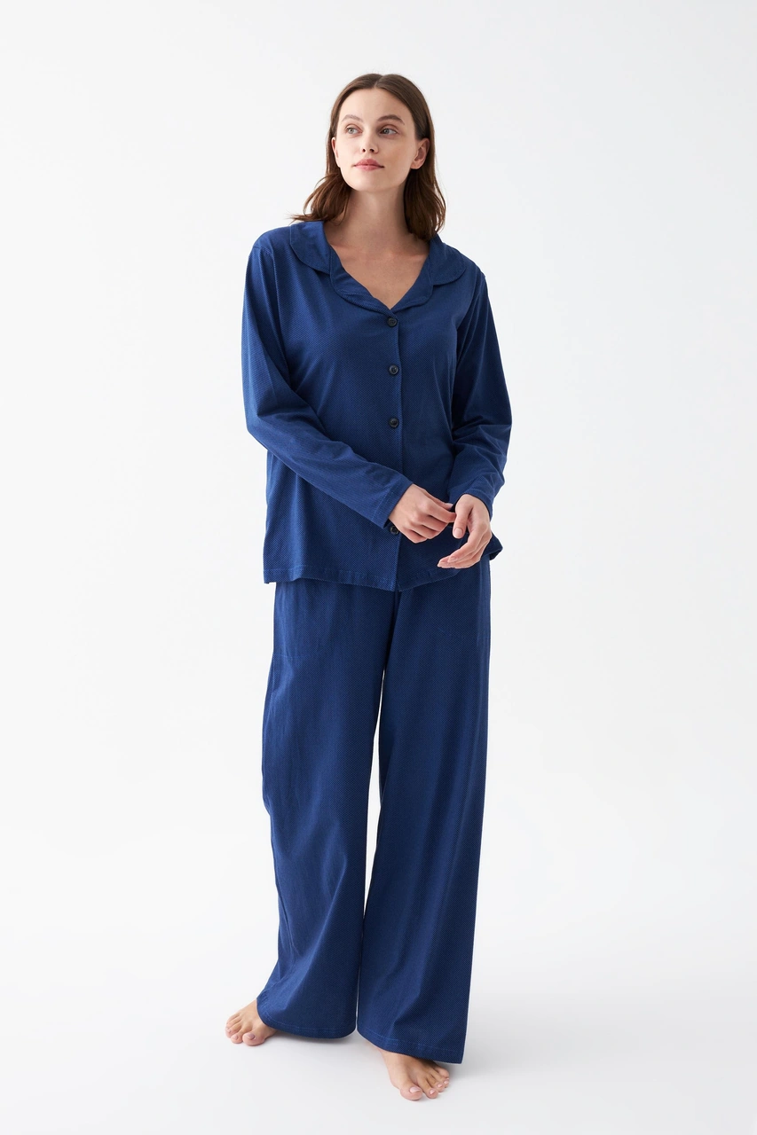 Akbeniz Kadın Lacivert Düğmeli Yaka Detaylı Pamuklu Pijama Takımı Lacivert