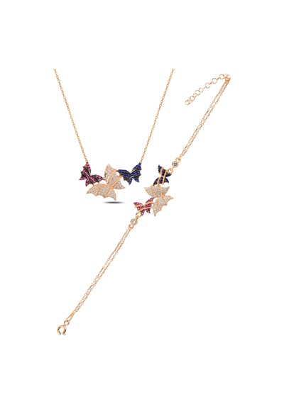 Çekirdekjewelry 925 Ayar Gümüş Kelebek Kolye Ve Bileklik Set Rose Kaplama Renkli Taşlı Pembe