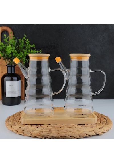 Kapris Bambu Tabaklı 2 Li Cam Yağlık 800 Ml Kap-008