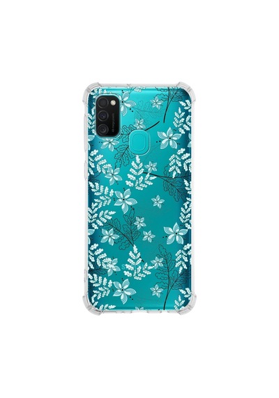 Samsung Galaxy Uyumlu M30s Köşe Korumalı Antişok Kapak Floral Su Yeşili Tasarımlı Şeffaf Kılıf