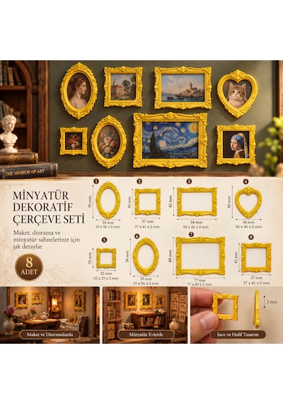 8'li Minyatür Dekoratif Çerçeve Seti Mini Müze Ve Diorama Çerçeveleri