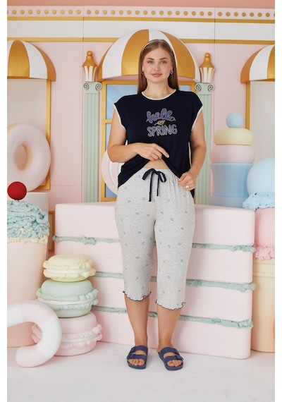 Sevim Kadın Büyük Beden Kısa Kol Kapri Lacivert Pijama Takım C2t4n7o51 001
