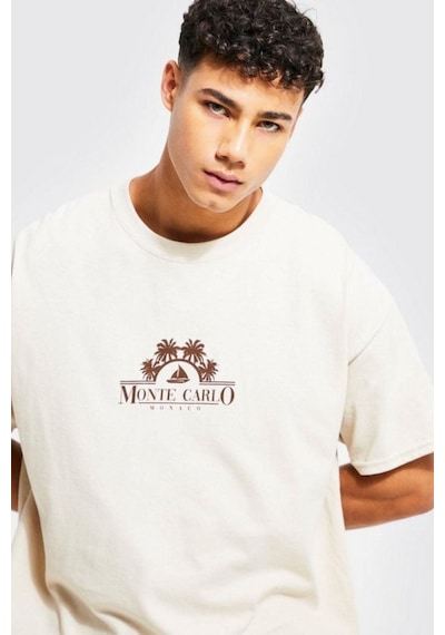Altamira Erkek Bej Monte Carlo Baskılı Oversize Tshirt 001