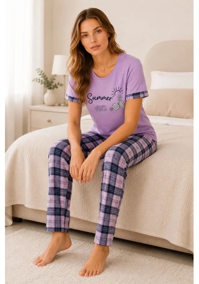 Modi Pamuklu Penye Summer Baskılı Kısa Kollu Pijama Takımı Bisiklet Yaka Ekose Desenli - Lila Çok Renkli