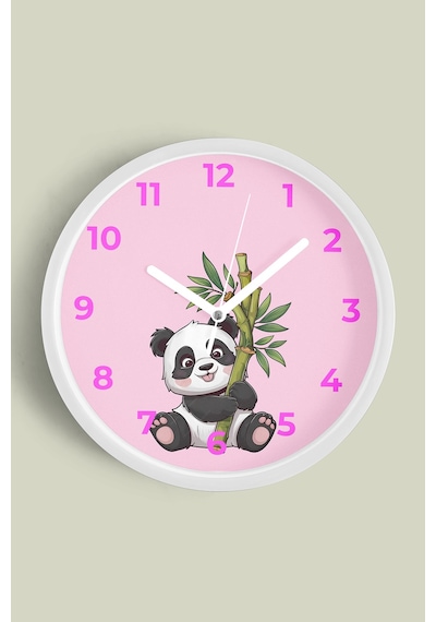 Sevimli Panda Çocuk Odası Duvar Saati - 30cm - Önü Camlı Beyaz Kasa - Sessiz Mekanizma Beyaz