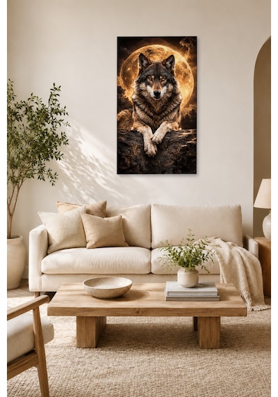 Tam Renk Premium Seri Altın Dolunay Kurt Alfa Kurt Modern Loft Dekoratif Kanvas Duvar Tablosu Çok Renkli