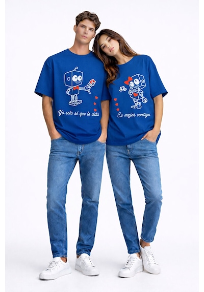 Sevgili Kombini Robot Baskılı Çift Tişört Oversize Unisex Partner Lacivert