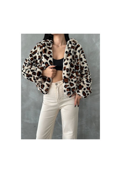Verymoda Leopar Baskılı Peluş Mont F1654 Açık Taş Leopar