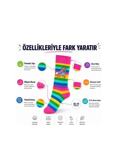 DS Wak Gökkuşağı Çizgili Retro Paten Desenli Soket Çorap Pamuklu Dikişsiz Burun 36-40 Numara Uzun Konç Çok Renkli DS Wak Gökkuşağı Çizgili Retro Paten Desenli Soket Çorap Pamuklu Dikişsiz Burun 36-40 Numara Uzun Konç Çok Renkli