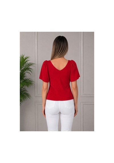 Gül&can Butik Kadın Kırmızı V Yaka Fitilli Dokulu Balon Kol Şık Günlük Triko Bluz Kırmızı Gül&can Butik Kadın Kırmızı V Yaka Fitilli Dokulu Balon Kol Şık Günlük Triko Bluz Kırmızı