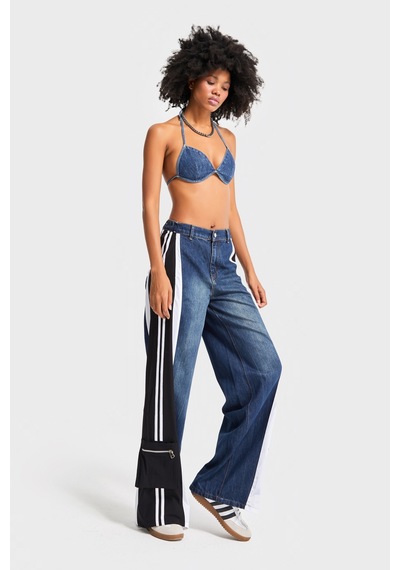 it's basic Kadın Kot Rengi Parçalı Kumaş Bol Kesim Özel Tasarım Denim Jean Mavi