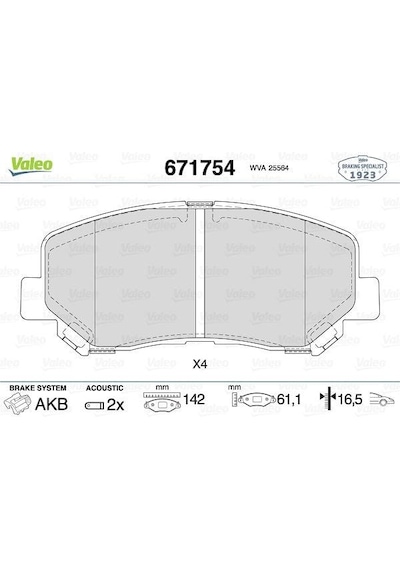 VALEO 671754 Ön Disk Fren Balatası Mazda Cx5 2.0 11/11 Mazda Cx5 2.2D 04/12 Mazda Cx5 2.5 03/13