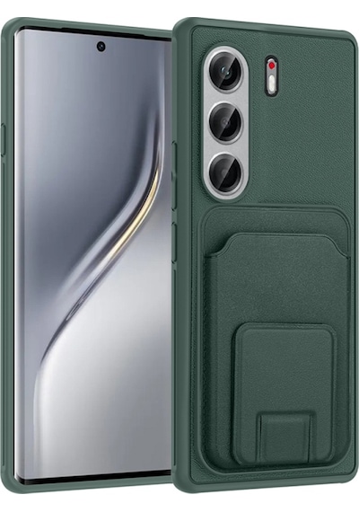 Tecno Camon 40 Pro Kılıf Deri Dokulu Ve Kartlıklı Bikart Tpu Premium Kapak Koyu Yeşil