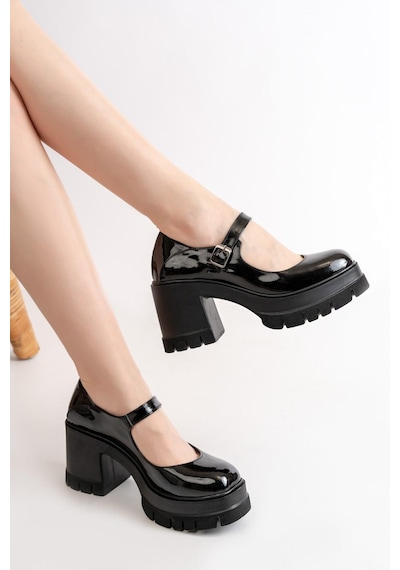 Asmi Shoes Tek Baletli Neon 8 Cm Topuklu Platformlu Loafer Ayakkabı Siyah Rugan Siyah