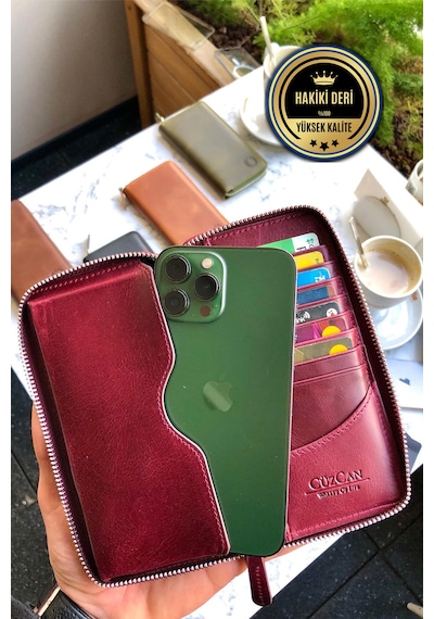 Leo Antik Bordo Unisex Hakiki Deri Telefon Bölmeli Cüzdan Bordo