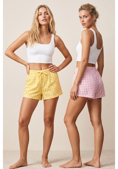 Siyah İnci 2'li Mevsimlik İnce Örme Şortlu Pijama Altı 8064 Pembe Sarı Ekose