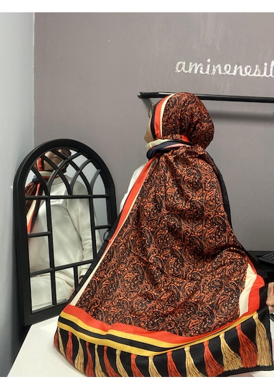 Aminenesil Cardion Premium Etnik Desen Şal Turuncu Siyah Renk Açık turuncu